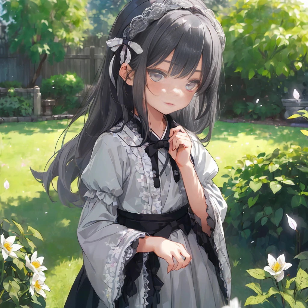 (Little Girl: 1.5), Lace, Ribbon, Hanfu, (masterpiece, Side Light, Beautifully and beautiful gray eyes: 1.2), masterpiece, Practical, Glowing eyes, Shiny hair, Black Hair, Long hair, Glowing skin, Solitary, Awkward, Strapless, Beautifully, beautiful, garden, Flowers, Fluttering petals,