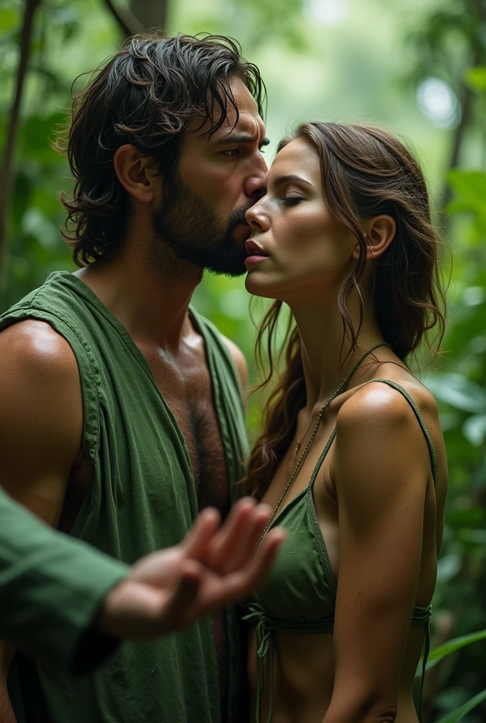 I'm making some covers for my religion films, the movie cover must be full 4k, with hyper details, o tema do filme é a criação e queda feito por Adam and Eve, remember on this cover, the idea is to have two sides,and two people, Adam and Eve, they are close to the camera, in the image it appears from the breasts up, a strong man and a delicate woman with light brown hair, They are both scared trying to understand where they are, this cover must have 1 focus point and 1 out of focus point, they are in the forest, had ended, to arrive, they are scared and sweating a lot, put eva's hand in front of the camera, trying to ask for help, their clothes are made of green plants, they are using plants as clothes, the movie cover has a very great power, superior coming from above. And the clear facial features, cinematographic, 35mm lens, f/1.8, Accent lighting, global illumination –uplight –v 4 Show equipment getting wet or messy, highlighting the problem of inadequate storage solutions for active individuals. person is sad and scared, make them both close to the camera and dark blurred background, the image needs to have strong points of light and shadow, Make a good picture