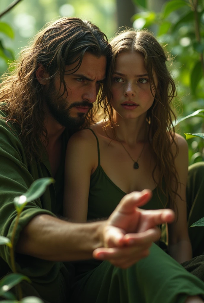 I&#39;m making some covers for my religion films, the movie cover must be full 4k, with hyper details, o tema do filme é a criação e queda feito por Adam and Eve, remember on this cover, the idea is to have two sides,and two people, Adam and Eve, they are close to the camera, in the image it appears from the breasts up, a strong man and a delicate woman with light brown hair, They are both scared trying to understand where they are, this cover must have 1 focus point and 1 out of focus point, they are in the forest, had ended, to arrive, they are scared and sweating a lot, put eva&#39;s hand in front of the camera, trying to ask for help, their clothes are made of green plants, they are using plants as clothes, the movie cover has a very great power, superior coming from above. And the clear facial features, cinematographic, 35mm lens, f/1.8, Accent lighting, global illumination –uplight –v 4 Show equipment getting wet or messy, highlighting the problem of inadequate storage solutions for active individuals. person is sad and scared, make them both close to the camera and dark blurred background, the image needs to have strong points of light and shadow, Make a good picture
