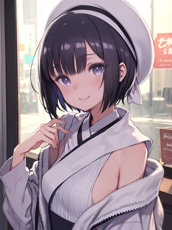 One Girl、Black Hair、short hair、Hair between the eyes、Shoulder-length hair、Bobbed hair、Purple Eyes、Iridescent eyes、White Beret、Put a shawl over your shoulders、、、Small breasts、Upper Body、Photographed in front of the cake shop、Staring at the audience、Smiling、、