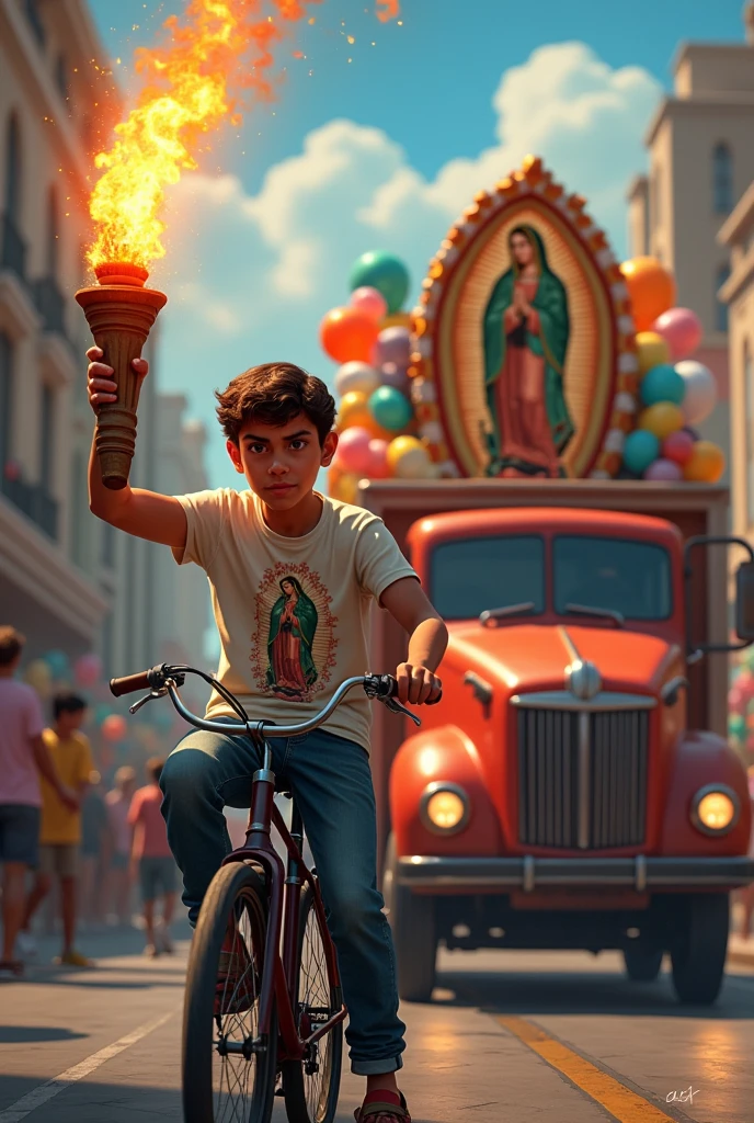 Young man on a bicycle with a torch in his hand wearing a Virgin of Guadalupe t-shirt, with a truck decorated with balloons and an image of the Virgin of Guadalupe in front of the truck