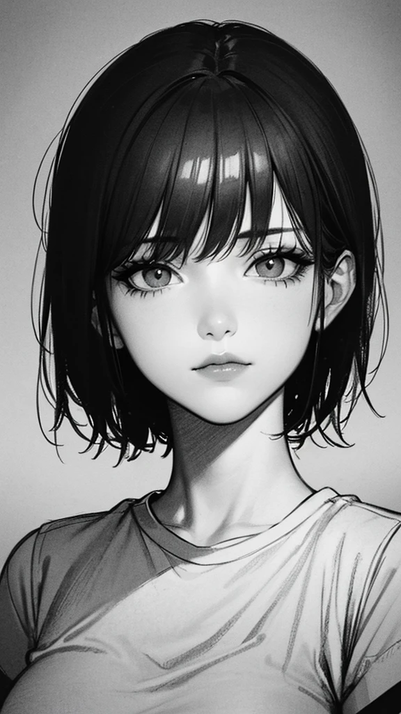 1 boyish girl, solo, monochrome, greyscale, short black hair, portrait, T-shirt, closed mouth, looking at viewer, sketch, graphite \(medium\), detailed lips, hatching \(texture\), without makeup, bangs, upper body, (best illustration), (best quality), (very detailed), (masterpiece), expressionless, bags under eyes,