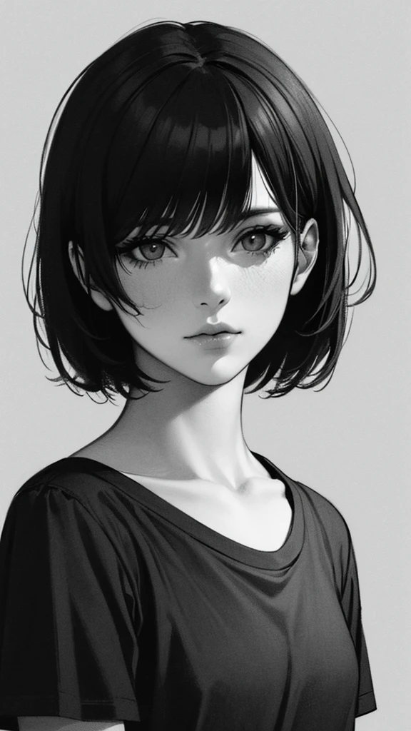 1 boyish girl, solo, monochrome, greyscale, short black hair, portrait, T-shirt, closed mouth, looking at viewer, sketch, graphite \(medium\), detailed lips, hatching \(texture\), without makeup, bangs, upper body, (best illustration), (best quality), (very detailed), (masterpiece), expressionless, bags under eyes,