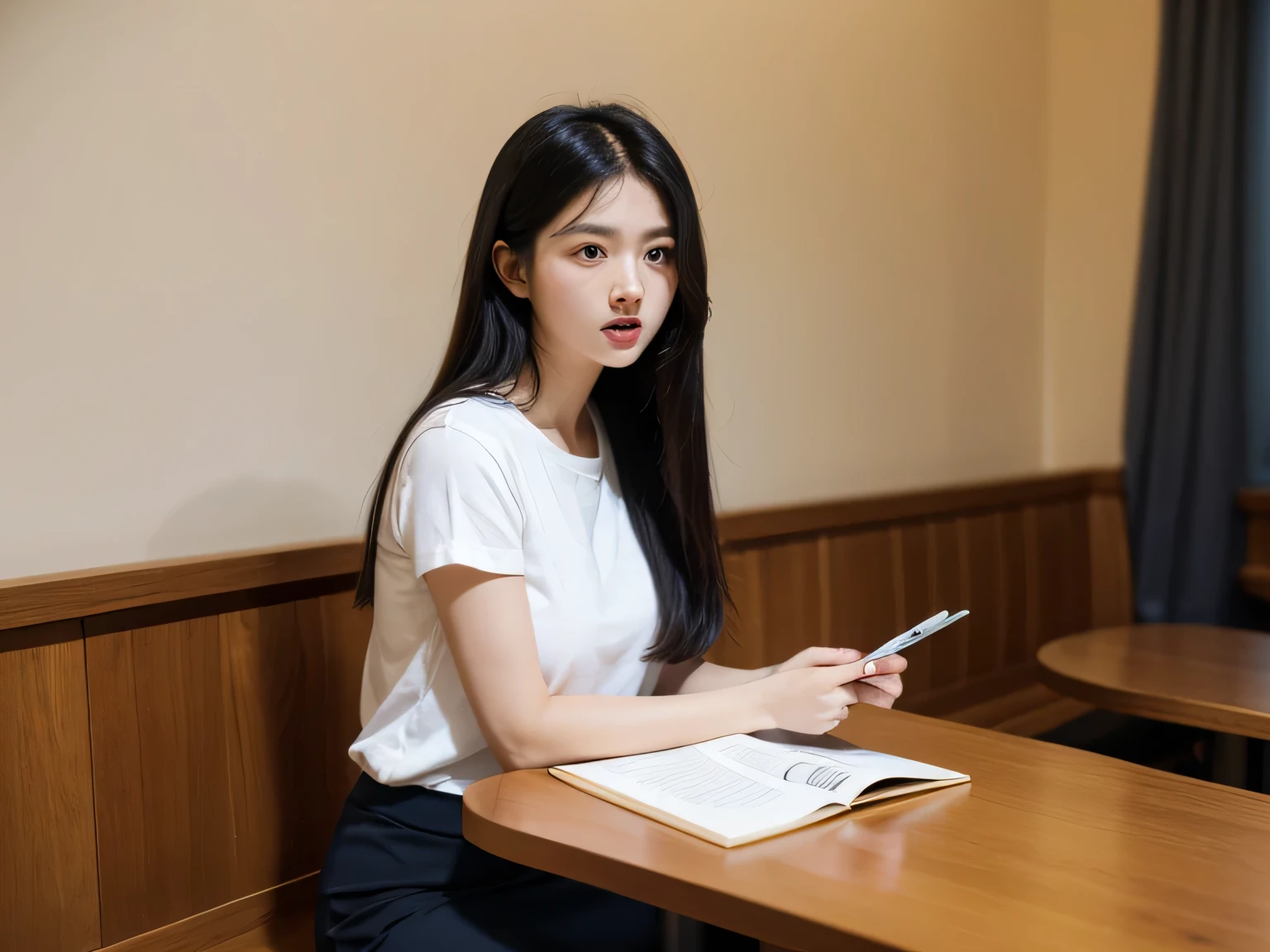 masterpiece, Highest quality, One adult female、Countryside coffee shop、Woman sitting facing forward、Sit across from you、Coffee on the table、Black Hair, Long Straight Hair, White shirt, Navy blue pencil skirt, Open your mouth、Holding an old notebook、Focus alone,indoor, Shadow, autumn、Real-world locations、live-action、Realistic、