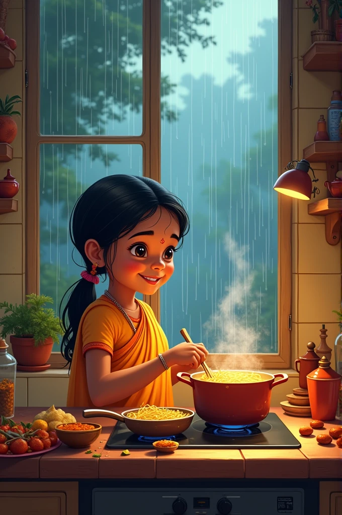 Illustrate a cozy Indian kitchen with a young girl, around 8-, preparing Maggi noodles on the stove. She is dressed in traditional or casual attire, with her hair tied back, and is happily stirring a pot of noodles. The background features a large window or open door showing heavy rain outside, with raindrops streaking down and possibly a lush garden or wet streets visible. The kitchen should be warmly lit, with traditional elements such as colorful utensils, spices, and a potted plant, creating a comforting contrast to the rainy scene outside.