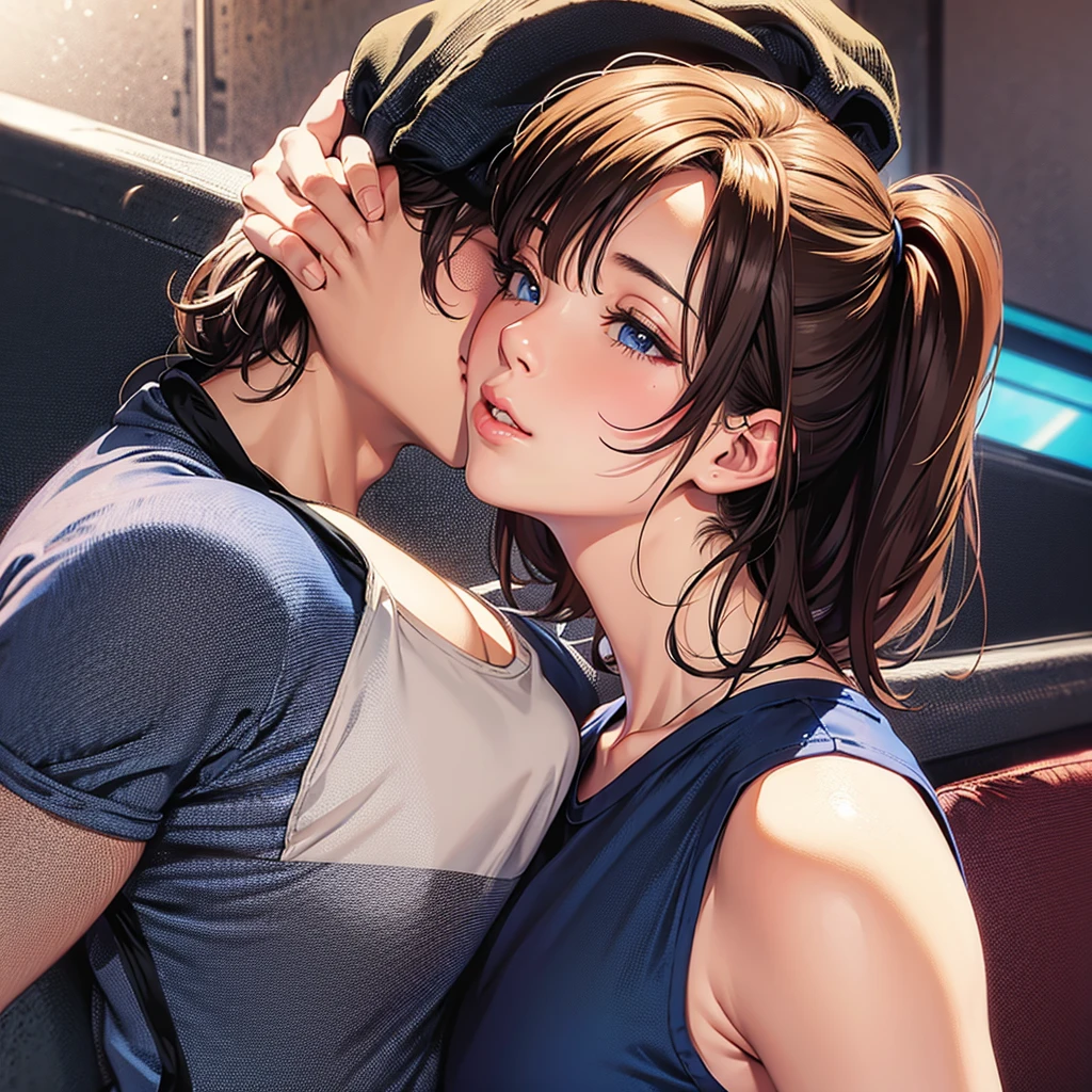 (masterpiece:1.2), (highest quality), (realistic, High resolution: 1.5), ((attractive woman), 35 years old, height: 150cm, (Whitening skin:1.3), (with clothes on、white shirt、In a blue skirt),(black hair), Larger eyes, (huge breasts:1.4), big areola, (brown areolas), (saggy breasts:1.5), evil smile,(NSFW:1.5),((sticky blowjob:1.3)),(prostitution:1.7),(Angle photo from directly above),Eating penis on a crowded train, fluid oozing from genitals,((Fingers groping for male genitals))