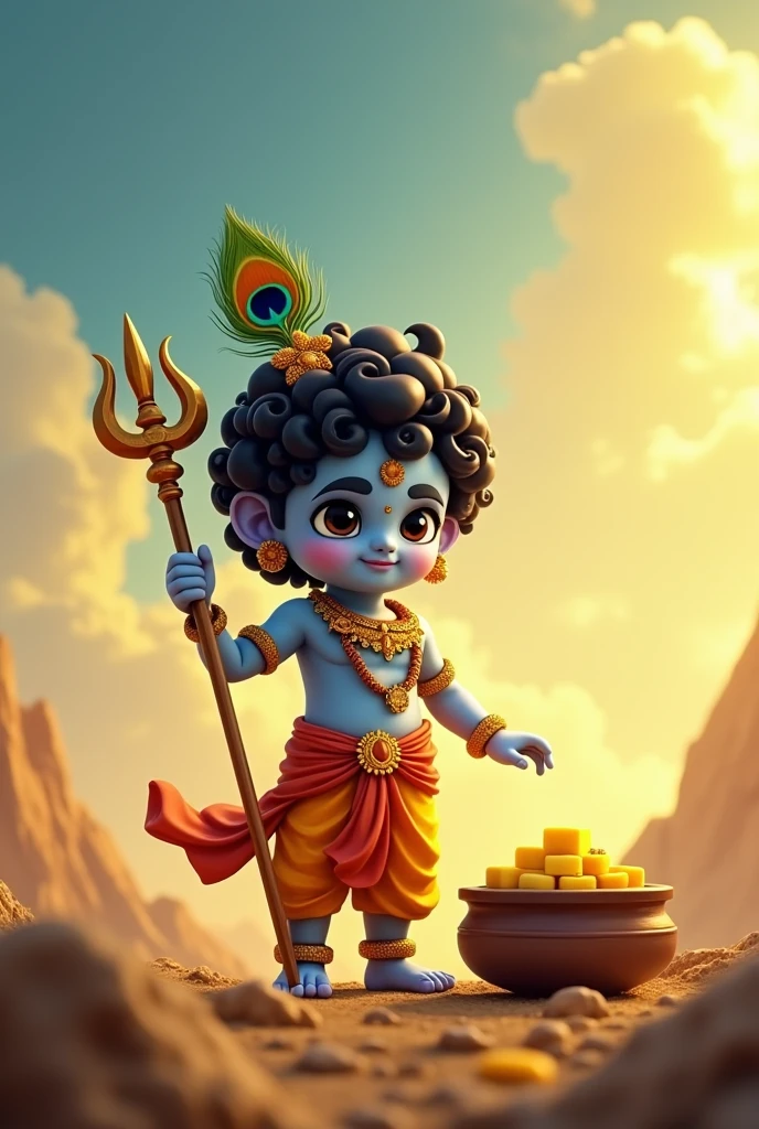 Little Krishna standing in battle ground, in his right hand first fingure sudarshan chakra, currly hair, cute face, peacock feather on head, pot of lots of butter on side, yellow and blue sky, 4k resolutions 