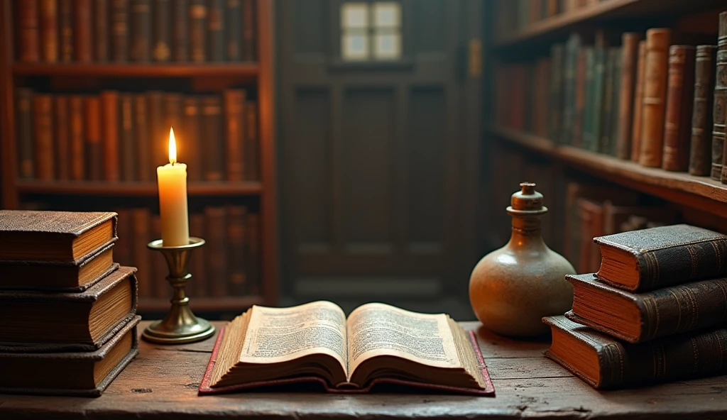There is a candle and some vintage books stacked on both sides of the table.,Vintage items,Blank space in the middle、Alchemist's Library Background, Magic Library, Exquisitely detailed miniature model, ancient library, Detailed scenery —width 672, High Detail photo, Small Library, Fantasy Alchemist's Laboratory, High Detail), gothic library, Ultra-detailed pictures, The wizard's apothecary, Gothic Epic Library, Magician's Chamber