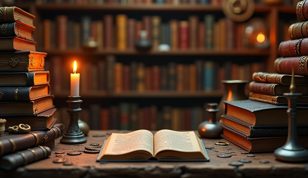 There is a candle and some vintage books stacked on both sides of the table.，Vintage items，Blank space in the middle、Alchemist&#39;s Library Background, Magic Library, Exquisitely detailed miniature model, ancient library, Detailed scenery —width 672, High Detail photo, Small Library, Fantasy Alchemist&#39;s Laboratory, High Detail), gothic library, Ultra-detailed pictures, The wizard's apothecary, Gothic Epic Library, Magician&#39;s Chamber