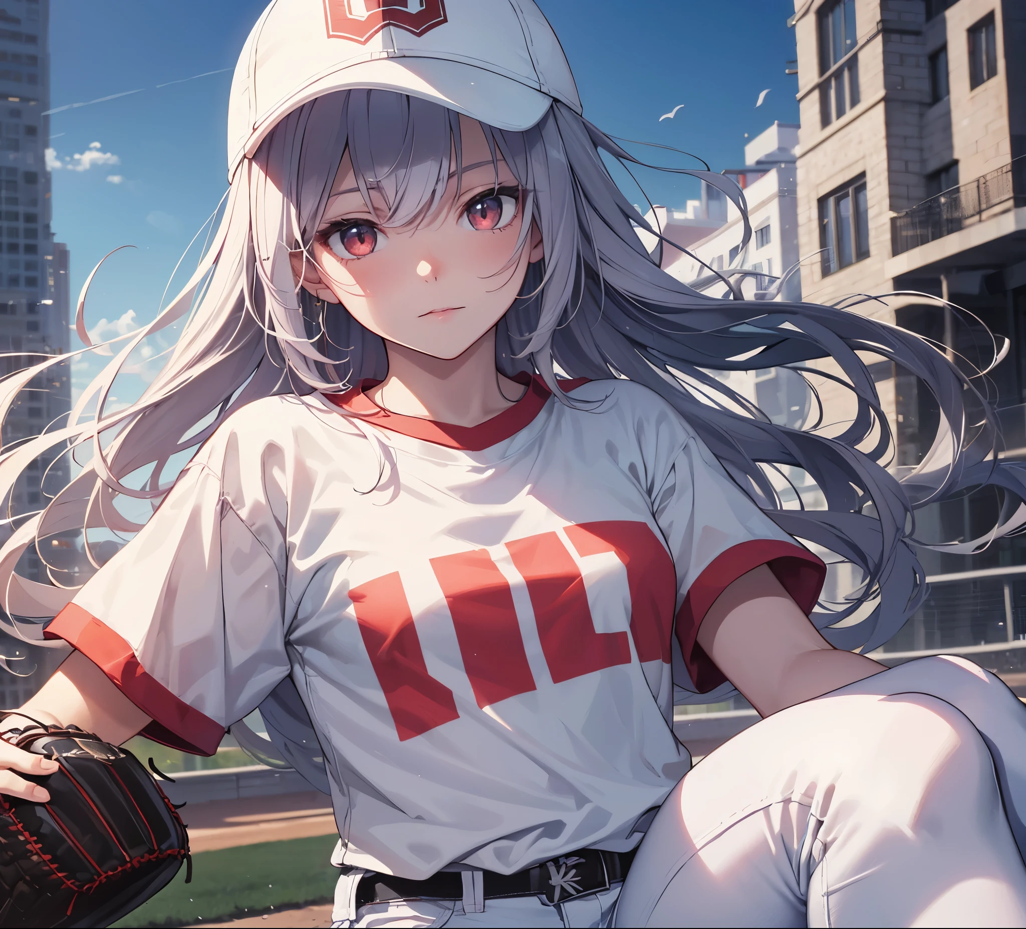 (Close-up:1.3),Realistic,Highest quality, Super detailed, High-quality CG rendering, The most delicate and beautiful, Floating softly, High resolution, (1 person), (Highest quality,4K,8k,masterpiece:1.2), Light purple hair,(Long Hair:1.5),Red eyes,(Pure white oversized short sleeve T-shirt:1.3),(Pure white skinny jeans:1.3),(Pure white baseball cap:1.3),In the city,old buildings
