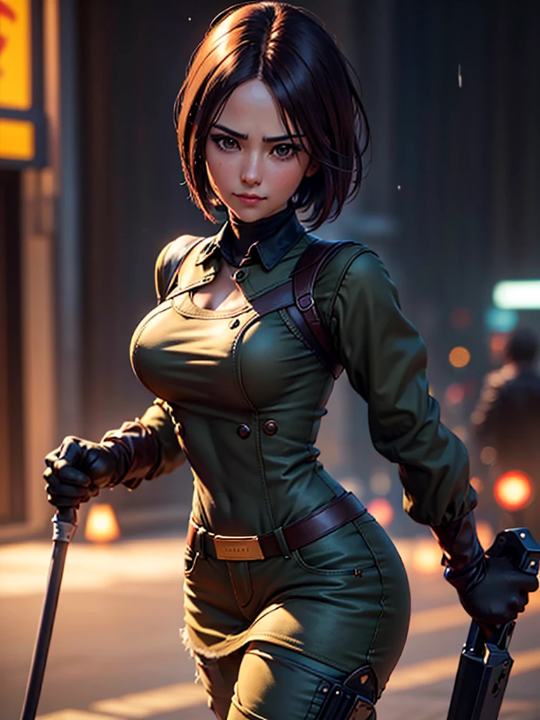 (at night), in a video game scene in the background, a beautiful city at night, raining, alone, standing looking straight ahead, military clothing with military green skirt and pants, black gloves, semi-short hair, ((semi-short hair)), 1 girl, 30 years old, young woman, perfect hands, Beautiful fingers, Beautiful long legs, Beautiful body, Beautiful nose, Beautiful character design, perfect face, looking straight at the viewer with a serious gesture and very upset, she has a black whip in her hand (focusing on her face), mouth closed, light_smile, official art, extremely detailed CG unity 8k wallpaper, perfect lighting, bright and colorful front lighting, shiny skin (artwork master: 1.0), (Best_quality: 1.0), ultra High resolution, 4k, ultra detailed photography, 8K, hdr, High resolution, Nonsense:1.2, Kodak portrait 400, film grain, Blurred background, bokeh:1.2, Flash lens, (vibrant_color:1.2), professional photography, (Beautiful, breasts: 1.4), (Beautiful_face: 1.5), (narrow waist),
