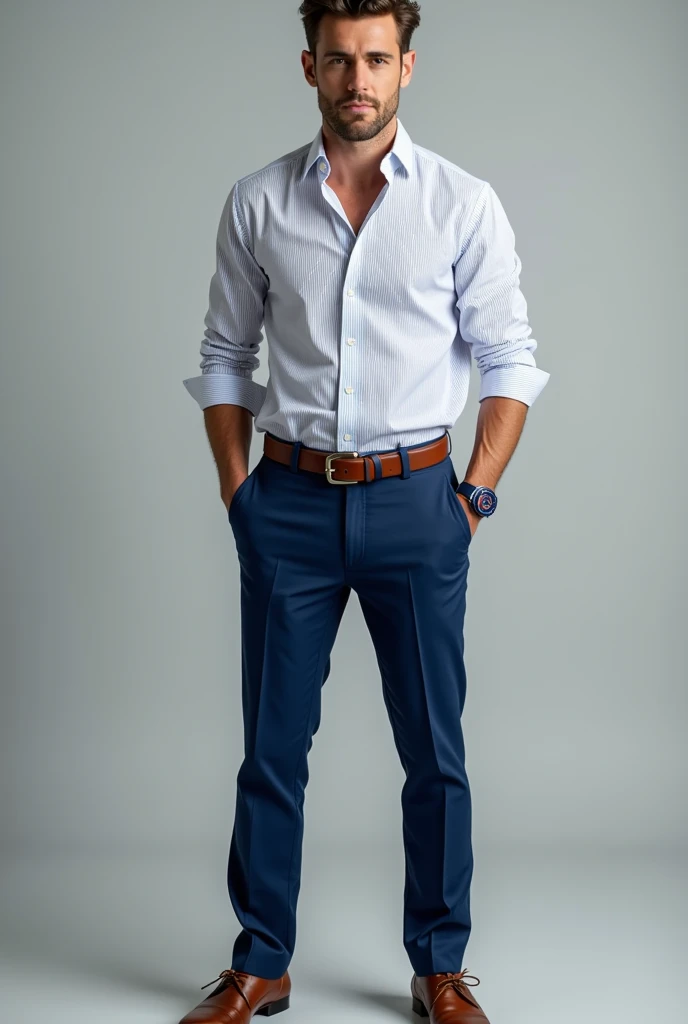 Formal outfit for men: white long sleeve shirt with blue stripes, blue and red submariner watch (Stainless steel), blue pants, brown shoes and brown belt
