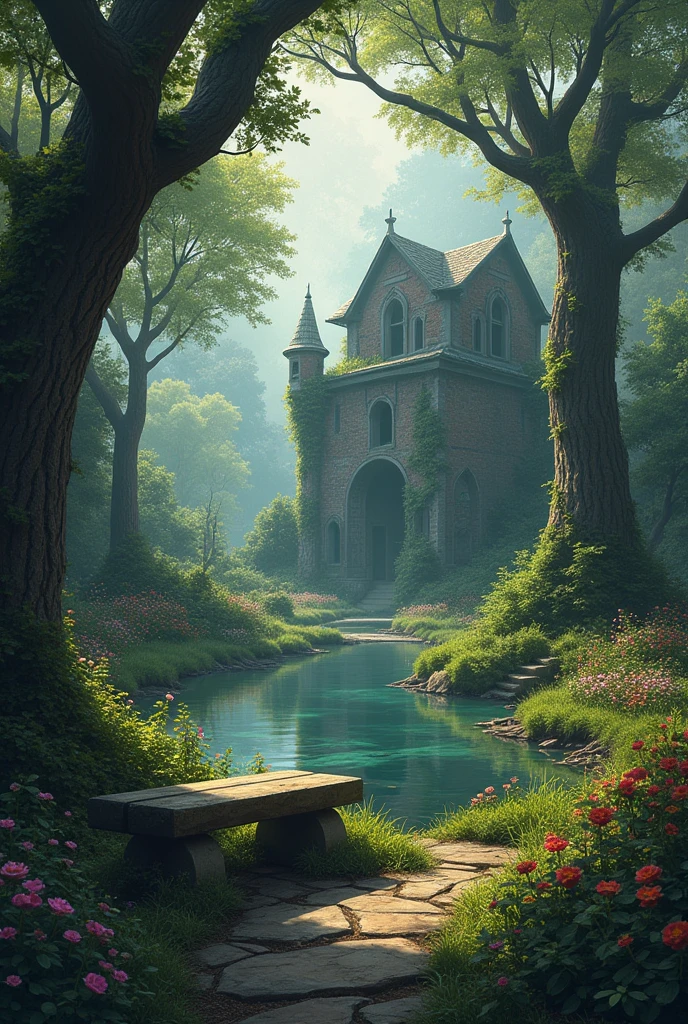 A giant garden with trees, a pond, some ruins, a lot of flowers and a bench with a gloomy asylum in the background.