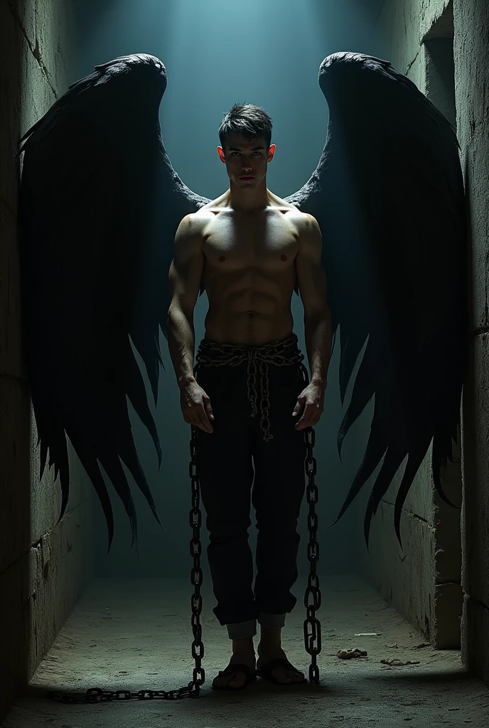 Aguapo boy 2 tall , handsome sexy with a strong body chained In the middle of a cell covered for yet another erotic book you make it seem intimidating and scary that he looks like an attractive stud adds black wings on his back