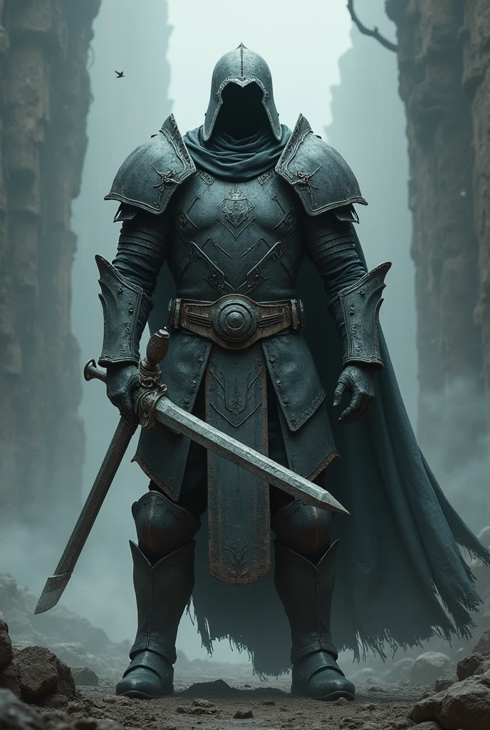To create the realistic image like a photograph, imagine a warrior, standing still, dressed in grey warrior armor, a full broken helmet that tells of his past of warfare. He holds a two-handed sword in an offensive posture. Around him, grey aura envelopes his body which accentuates his unique and powerful presence. The background contains his name "Grey" in gothic letters, in a dark and chaotic universe. This composition evokes both the strength and singularity of this fascinating character.