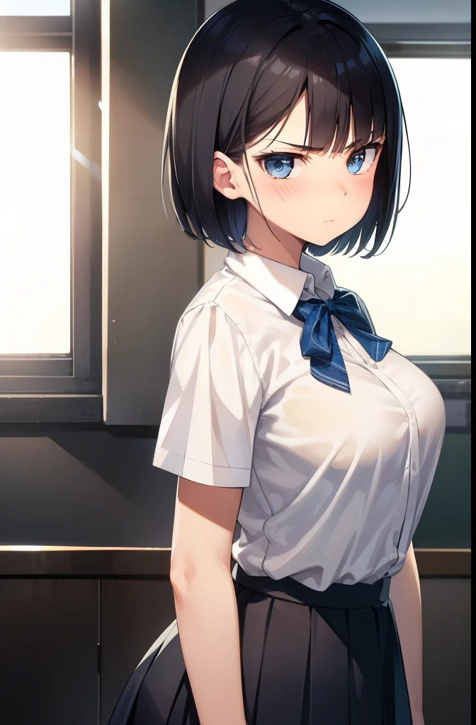 sunny,boyish,short hair,Black Hair,blue eyes, 1,High school girl 1,high school,classroom,Summer uniform,mini skirt,Serious face,blush,Big Breasts,Cowboy Shot,White shirt,Gloomy face