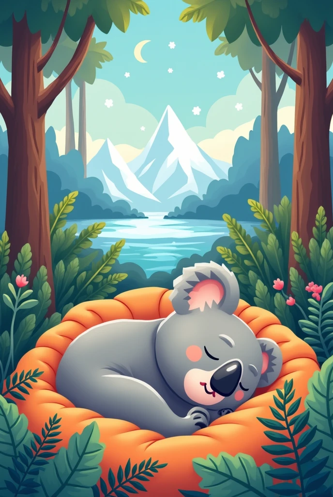Koala sleeping in a forest while dreaming of Antarctica cartoon cute