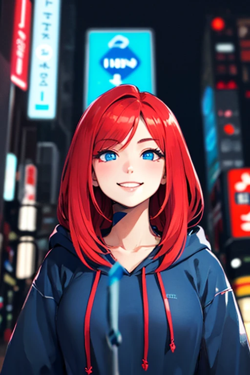 high quality, subsurface scattering, chromatic lighting,
colorized, red + white limited color palette,
detailed concept drawing,
Shibuya street girl, cyberpunk, futuristic,
portrait, 20yo 1girl, medium soft breasts, slender, hoodie, long red hair, blue eyes, smiling