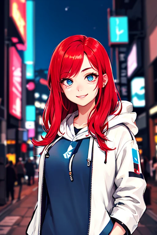 high quality, subsurface scattering, chromatic lighting,
colorized, red + white limited color palette,
detailed concept drawing,
Shibuya street girl, cyberpunk, futuristic,
portrait, 20yo 1girl, medium soft breasts, slender, hoodie, long red hair, blue eyes, smiling