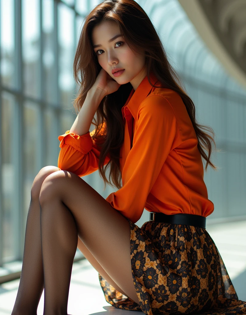 (Highest quality、Ultra-high resolution)、(Full Body Portrait)、(colored shirt with collar:1.1)、(Geometric pattern long skirt:1.3)、(silk pantyhose)、High heels、(Sitting with legs crossed)、1 girl、with long brown hair,(Large Breastodern architecture in the background、(((Perfect Anatomy, Perfect body, Perfect hands,boobs Perfect Face, Perfect Eyes, Accurate, Anatomically correct))), Perfectly clear and sharp focus, Highest quality、Ultra-high resolution, masterpiece, Ultra-realistic、Professional Lighting
