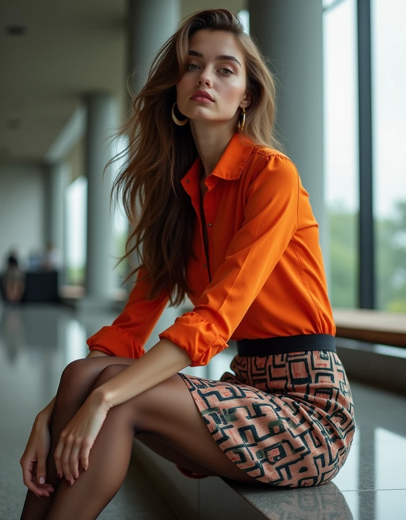 (Highest quality、Ultra-high resolution)、(Full Body Portrait)、(colored shirt with collar:1.1)、(Geometric pattern long skirt:1.3)、(silk pantyhose)、High heels、(Sitting with legs crossed)、1 girl、with long brown hair,(Large Breastodern architecture in the background、(((Perfect Anatomy, Perfect body, Perfect hands,boobs Perfect Face, Perfect Eyes, Accurate, Anatomically correct))), Perfectly clear and sharp focus, Highest quality、Ultra-high resolution, masterpiece, Ultra-realistic、Professional Lighting
