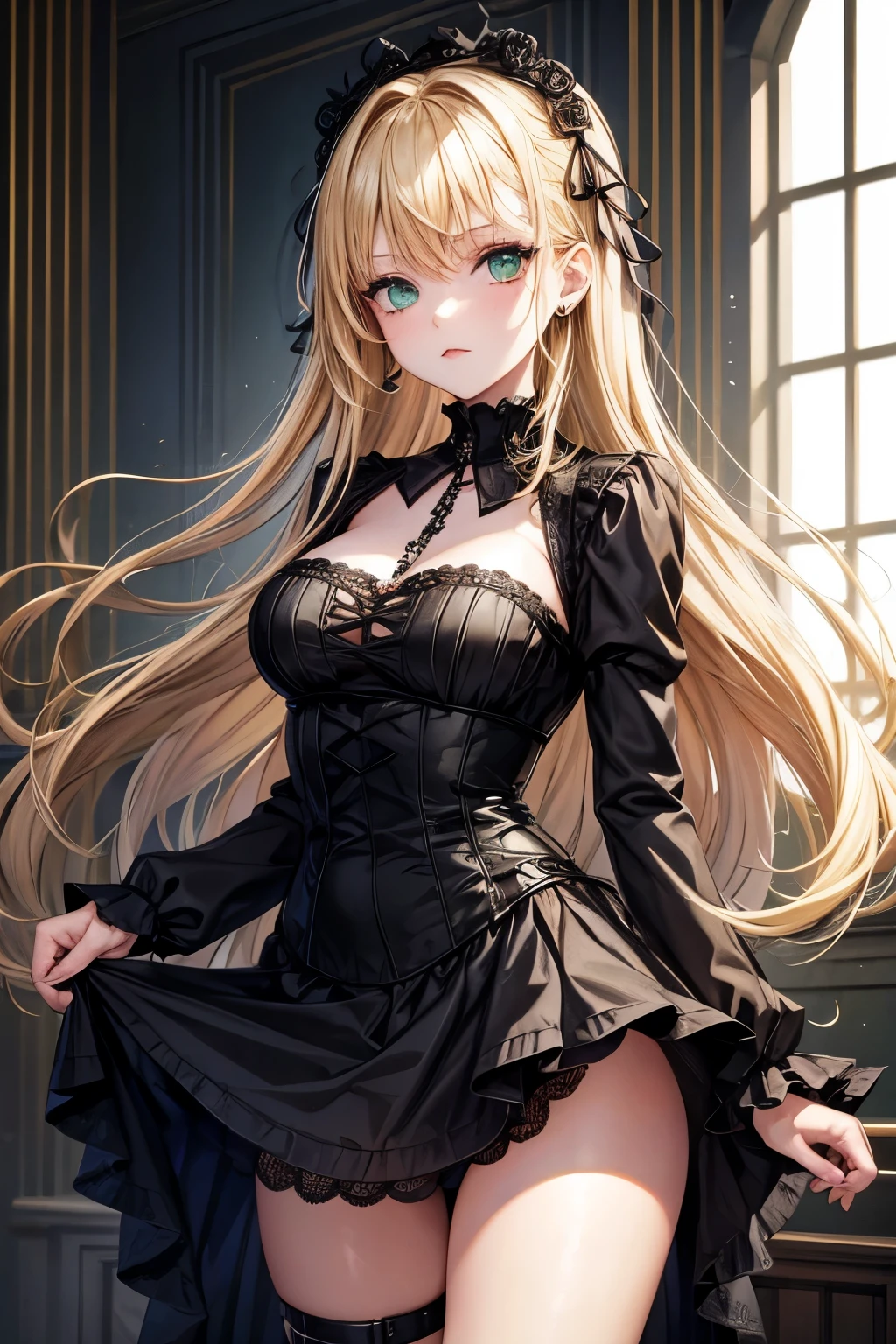 1girl, blond hair, green eyes, goth, goth style, goth girl, 