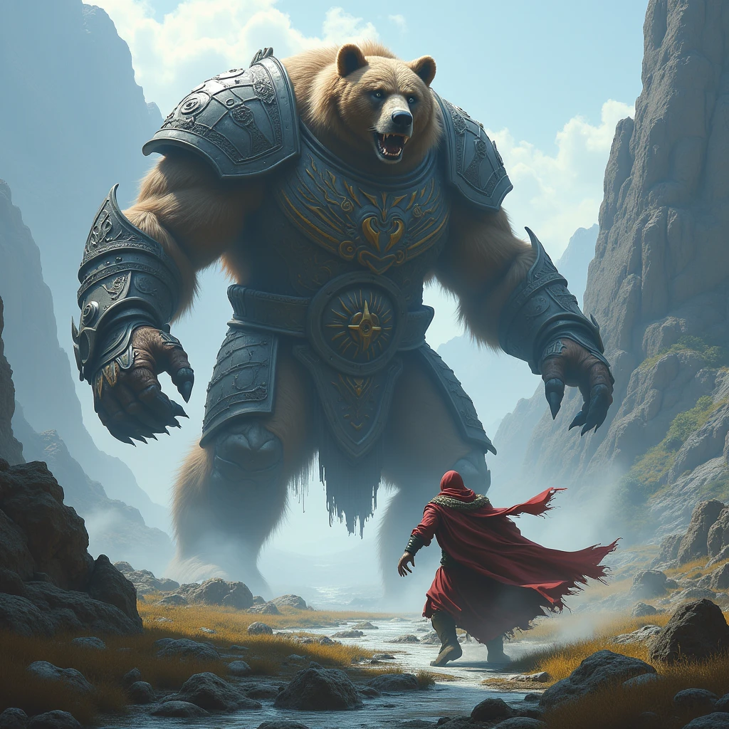 Bear Terrible Fury Wild, Armor with Patterns, A Wizard with an Aura of Magic comes out against him and casts a spell., against the backdrop of Epic Mountain Marshy Terrain, Fog a little Wind, masterpiece, full detailed, Epic Scene Battle of the Colossi