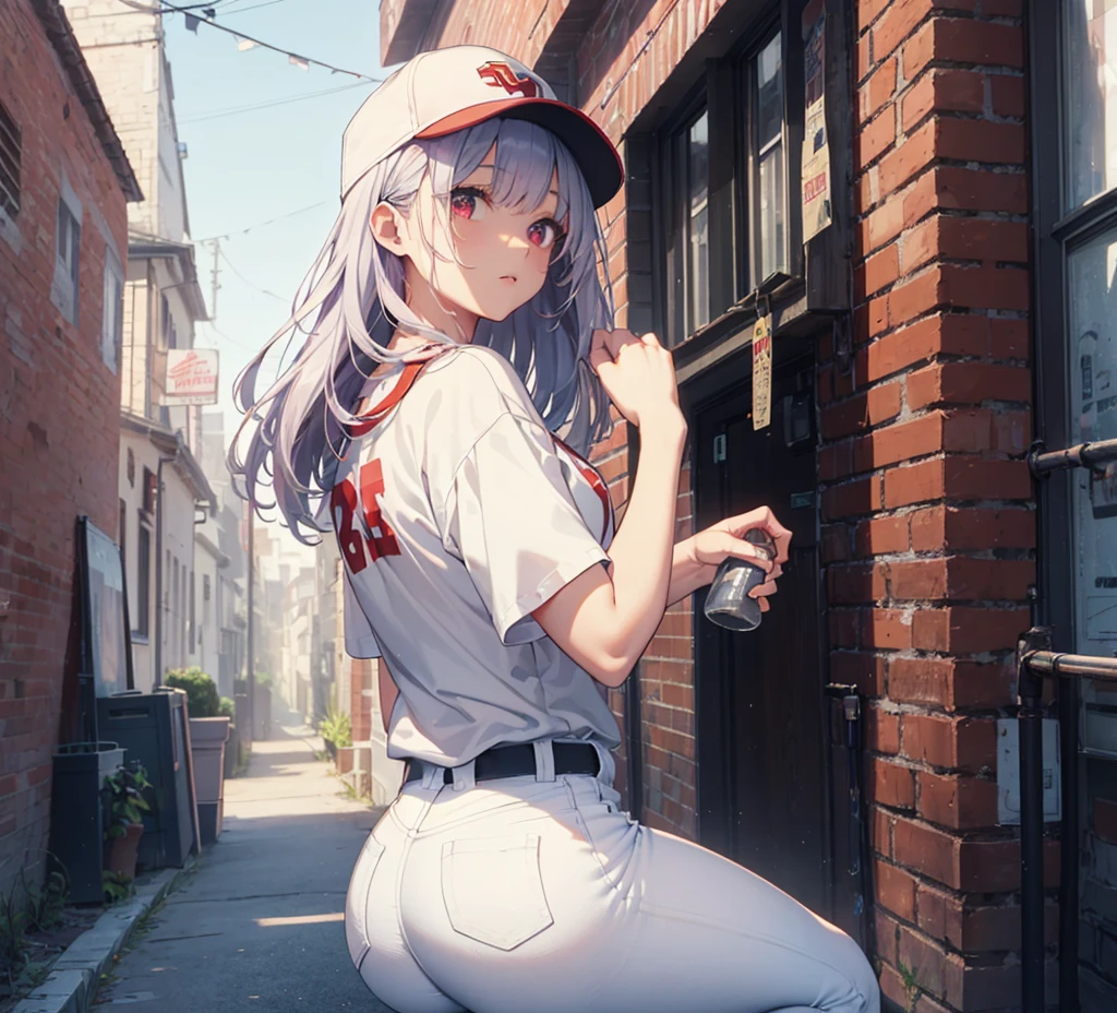 (Close-up:1.3),Realistic,Highest quality, Super detailed, High-quality CG rendering, The most delicate and beautiful, Floating softly, High resolution, (1 person), (Highest quality,4K,8k,masterpiece:1.2), Light purple hair,(Long Hair:1.5),Red eyes,(Pure white oversized short sleeve T-shirt:1.3),(Pure white skinny jeans:1.3),(Pure white baseball cap:1.3),In the city,old buildings,Narrow back alley