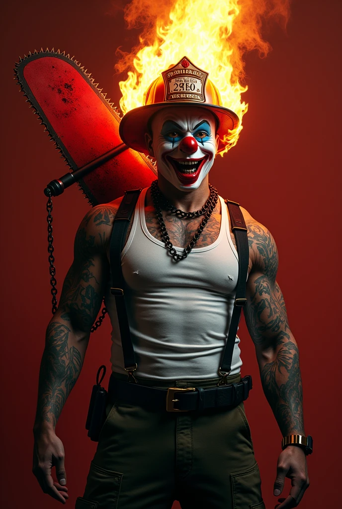 A muscular firefighter, wearing a fireman hat with uniform wearing a scary clown mask, with the head on fire, wearing a white tank top and with tattoos on his arm, with big round glasses, very matte red, with a red spinning saw on his back, with a big, thick black chain going down his neck