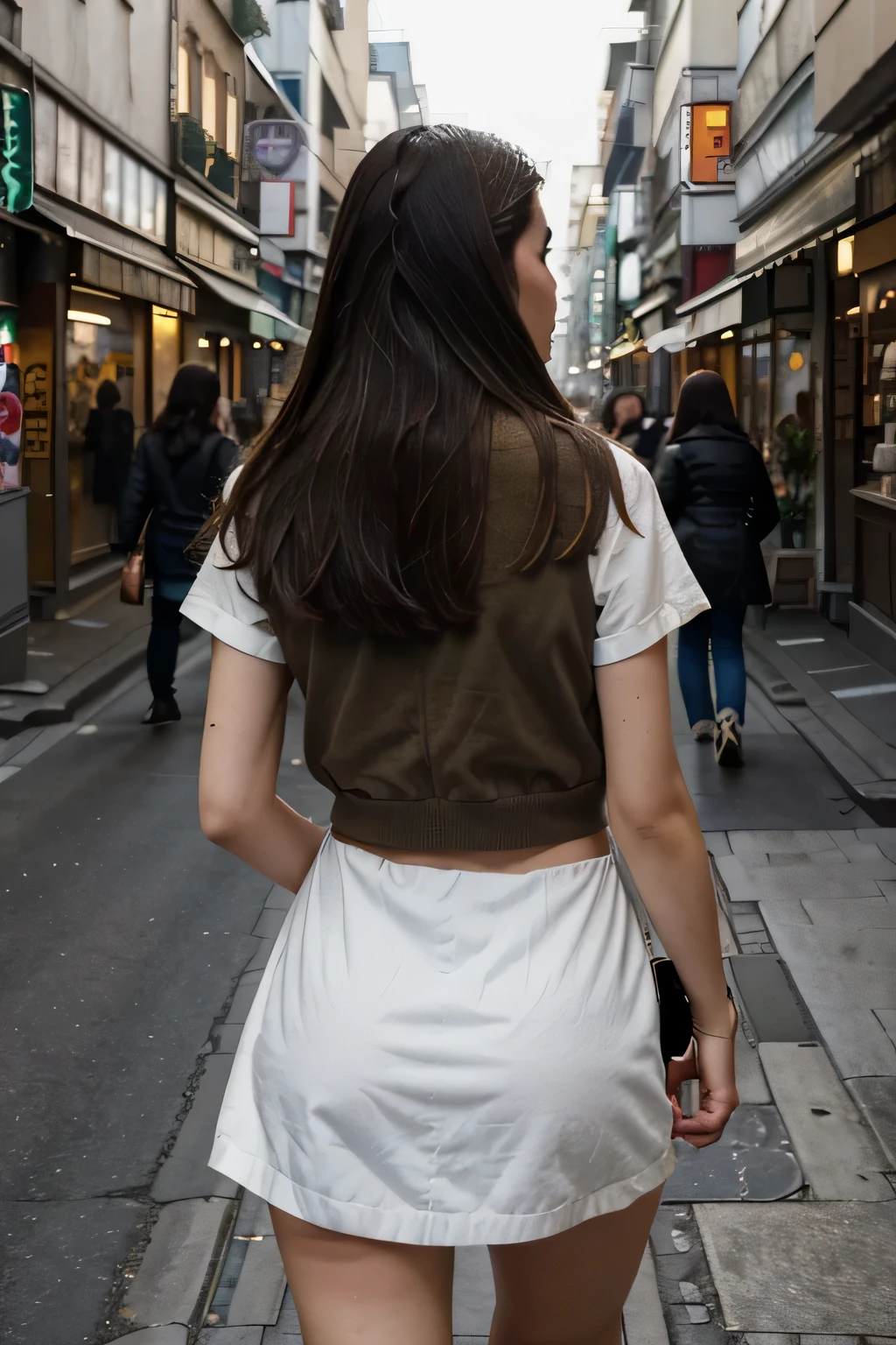 ((best quality)), brunette woman, Franco-Italian, the subject is seen from behind while walking, la prise de photo est faite pour capturer le moment et l'emerveillement devant les rue bondé de tokyo