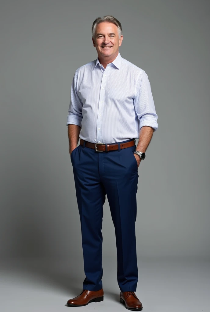 Formal outfit for men: white long sleeve shirt with blue stripes unrolled, blue and red submariner watch (Stainless steel), blue pants, brown shoes and brown belt