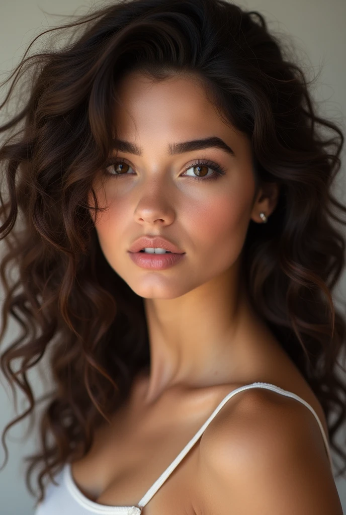 A  girl with brown hair and curly hair and big breasts, take realistic photos