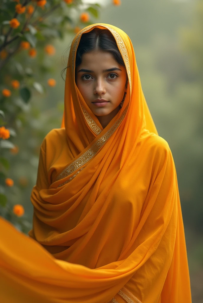 a girl in saffron saree pallu on head