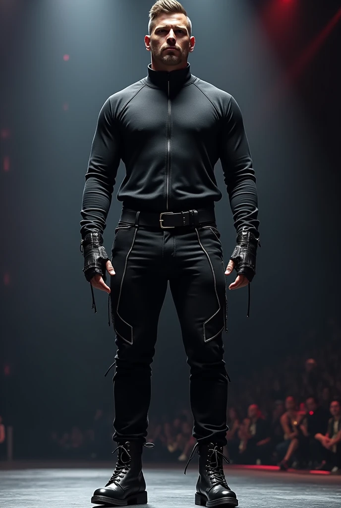 Create an innovative outfit for a male singer .That gives the impression of a powerful man.Someone imposing. Garment made for the torso could be a shirt, a sweatshirt or something very close to your body. .But that his torso is covered and with novel details in the pants With black boots with novel details 

