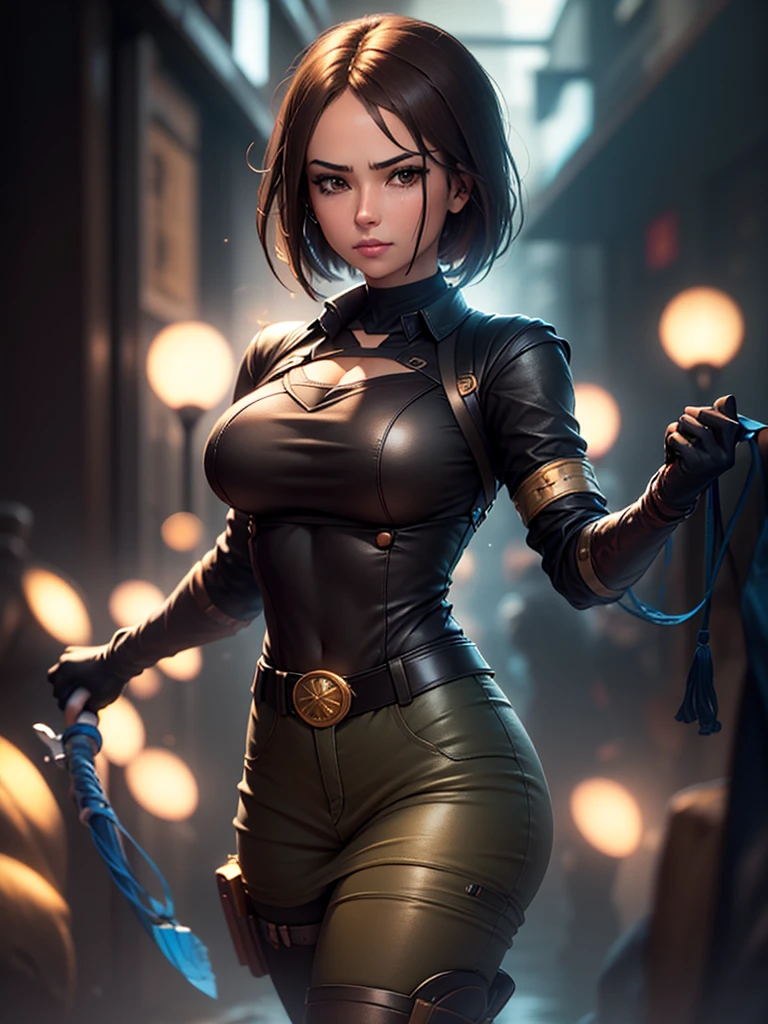 (at night), in a video game scene in the background, a beautiful city at night, raining, alone, standing looking straight ahead, military clothing with military green skirt and pants, black gloves, semi-short hair, ((semi-short hair)), 1 girl, 30 years old, young woman, perfect hands, Beautiful fingers, Beautiful long legs, Beautiful body, Beautiful nose, Beautiful character design, perfect face, looking straight at the viewer with a serious gesture and very upset, she has a black whip in her hand (focusing on her face), mouth closed, light_smile, official art, extremely detailed CG unity 8k wallpaper, perfect lighting, bright and colorful front lighting, shiny skin (artwork master: 1.0), (Best_quality: 1.0), ultra High resolution, 4k, ultra detailed photography, 8K, hdr, High resolution, Nonsense:1.2, Kodak portrait 400, film grain, Blurred background, bokeh:1.2, Flash lens, (vibrant_color:1.2), professional photography, (Beautiful, breasts: 1.4), (Beautiful_face: 1.5), (narrow waist),