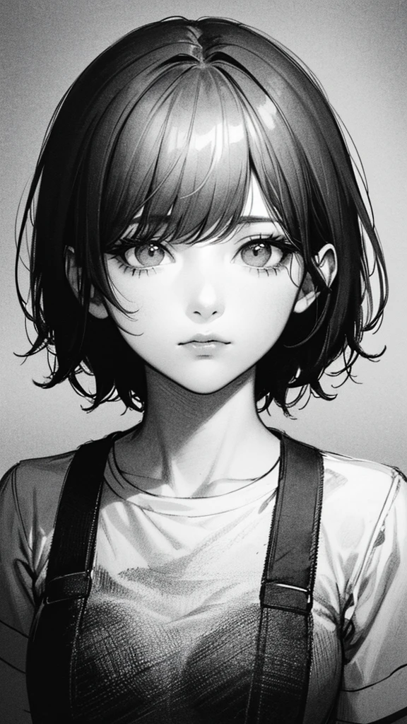 1 boyish girl, solo, bags under eyes, monochrome, greyscale, short black hair, portrait, T-shirt, closed mouth, looking at viewer, sketch, graphite \(medium\), detailed lips, hatching \(texture\), without makeup, bangs, upper body, (best illustration), (best quality), (very detailed), (masterpiece), expressionless,