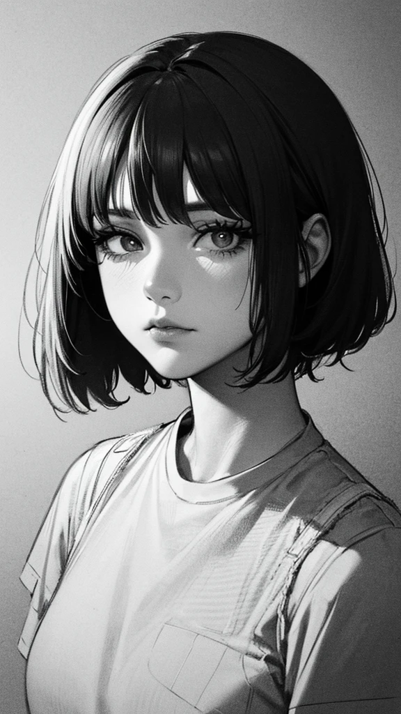 1 boyish girl, solo, bags under eyes, monochrome, greyscale, short black hair, portrait, T-shirt, closed mouth, looking at viewer, sketch, graphite \(medium\), detailed lips, hatching \(texture\), without makeup, bangs, upper body, (best illustration), (best quality), (very detailed), (masterpiece), expressionless,