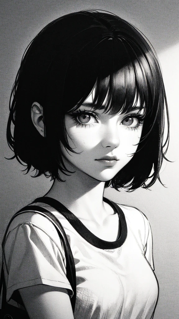 1 boyish girl, solo, bags under eyes, monochrome, greyscale, short black hair, portrait, T-shirt, closed mouth, looking at viewer, sketch, graphite \(medium\), detailed lips, hatching \(texture\), without makeup, bangs, upper body, (best illustration), (best quality), (very detailed), (masterpiece), expressionless,