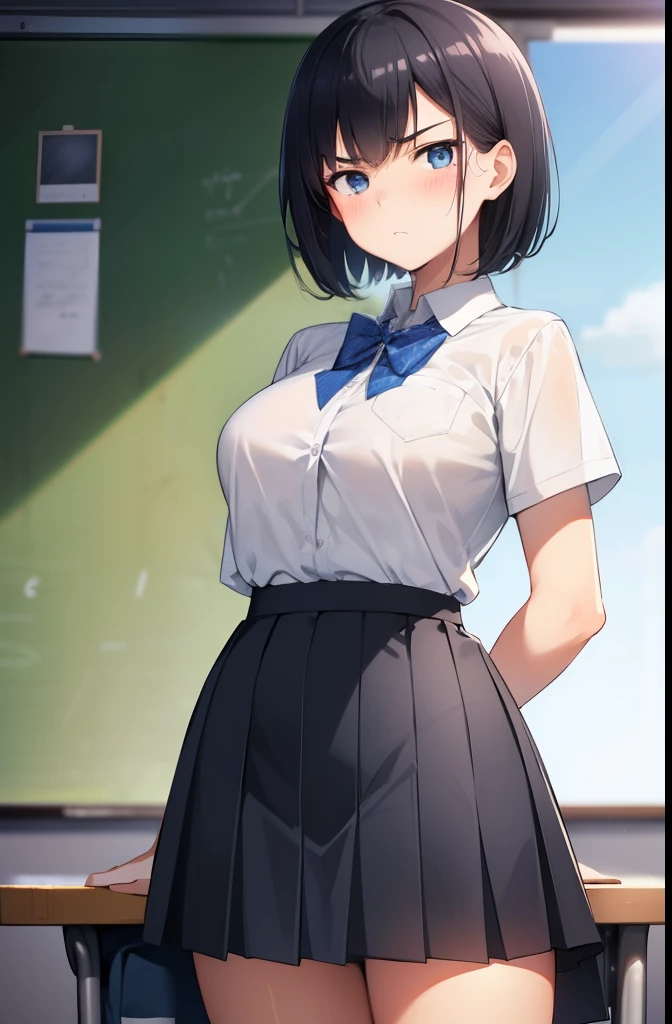 sunny,boyish,short hair,Black Hair,blue eyes, 1,High school girl 1,high school,classroom,Summer uniform,mini skirt,Serious face,blush,Big Breasts,Cowboy Shot,White shirt,Gloomy face