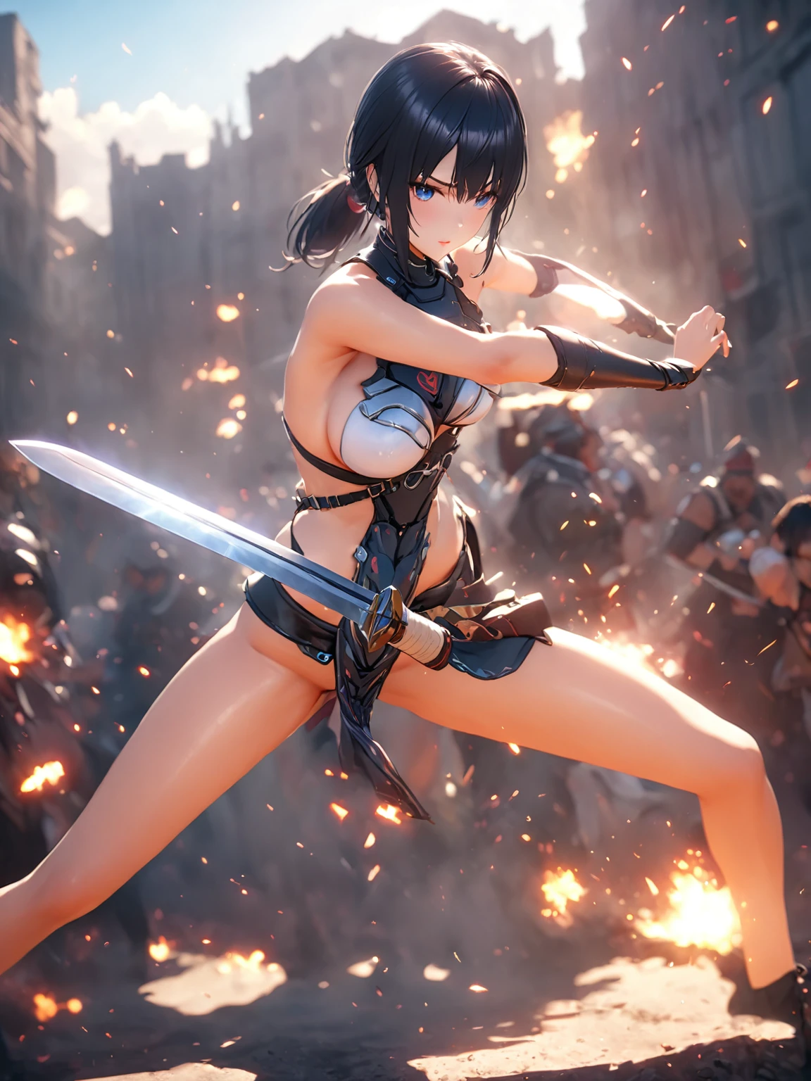 (One Japanese woman)、(Drawing the sword)、(Black Hair)、(Long ponytail)、((Warrior Princess))、((Female Generals))、(Goddess of War)、((Old Japanese Armor))、((Holding the Japan sword))、(True to prompts)、(Deluxe)、(Feminine hourglass curves)、(Muscular)、(Glaring with sharp eyes)、(sexy)、(((Huge huge breasts))),(Big Ass)、(Thick thighs)、((Outdoor))、((battlefield))、((Large crowd))、((sunny))、((blue sky))、(Best lighting)、{{{Browsing Caution}}}、{{{masterpiece}}}, {{{Highest quality}}}, {{ultra-detailed}}, {{shape}}, {{{Very delicate and beautiful}}},{{extremely detailed CG}}、{{unity 8k portrait}}、{{Fabric Shading}}、{{super detailed skin}}、{{Perfect Anatomy}}、{{detailed}}、{{Dynamic Lighting}}、{{{beautiful detailed eyes}}}、{{{beautiful detailed Face}}}、{{{Realistic, RAW Photos}}}、(Perfect Face)、(非常にdetailedな顔)、(Perfect Eyes)、(Perfect Legs)、(Perfect breasts)、(Perfect pose)、(Perfect body)