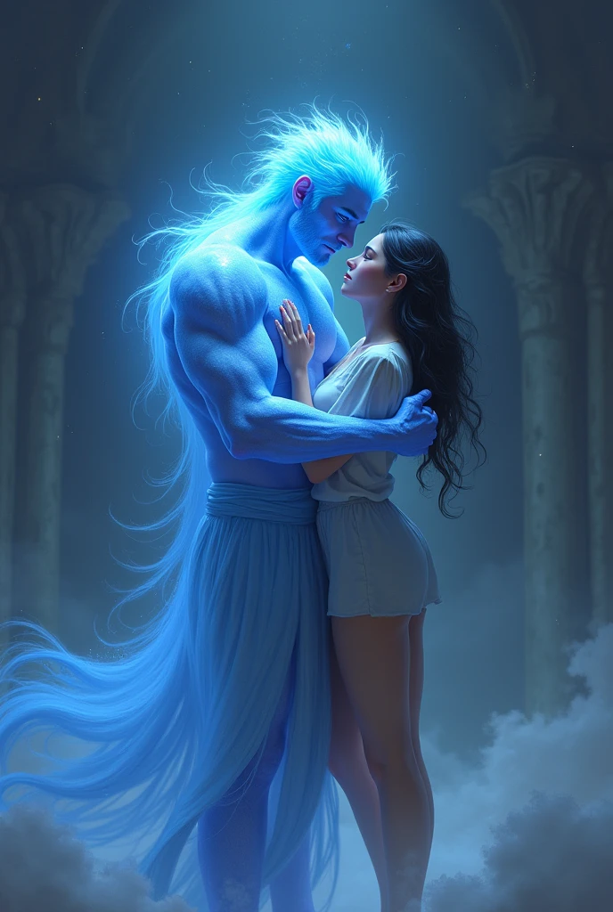 Man: cosmic and spiritual entity, luminous eyes, muscular luminous blue hair, luminous body. Woman: in man's arms, sad, simple and modern clothes, simple human arms. Animation style.