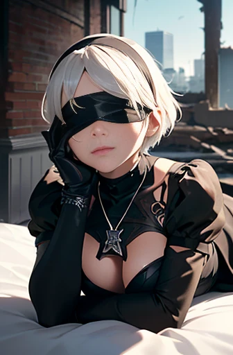 8k, ultra realistic, masterpiece, best quality, ultra detailed, beautiful face, beautiful skin, photorealistic, (professional lighting:1.2), nier_automata, 2B, (((face without blindfold))), (((no blindfold))), white hair, short hair, black_dress, black_hairband, robot_joints, android, cyborg, clothing_cutout, light smile, pearl necklace, looking at viewer, (((full body))), focus on face, ultra sharp, on street in business district, ultra detailed photo background, (((Inside a ruined building in the near future, lying face up on the bed, an inviting gesture,  the face is blindfolded)))