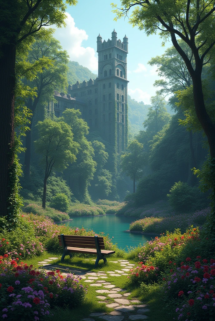 (Digital art) A giant garden with trees, a pond, some ruins, a lot of flowers and a bench with a big, gloomy asylum in the background.