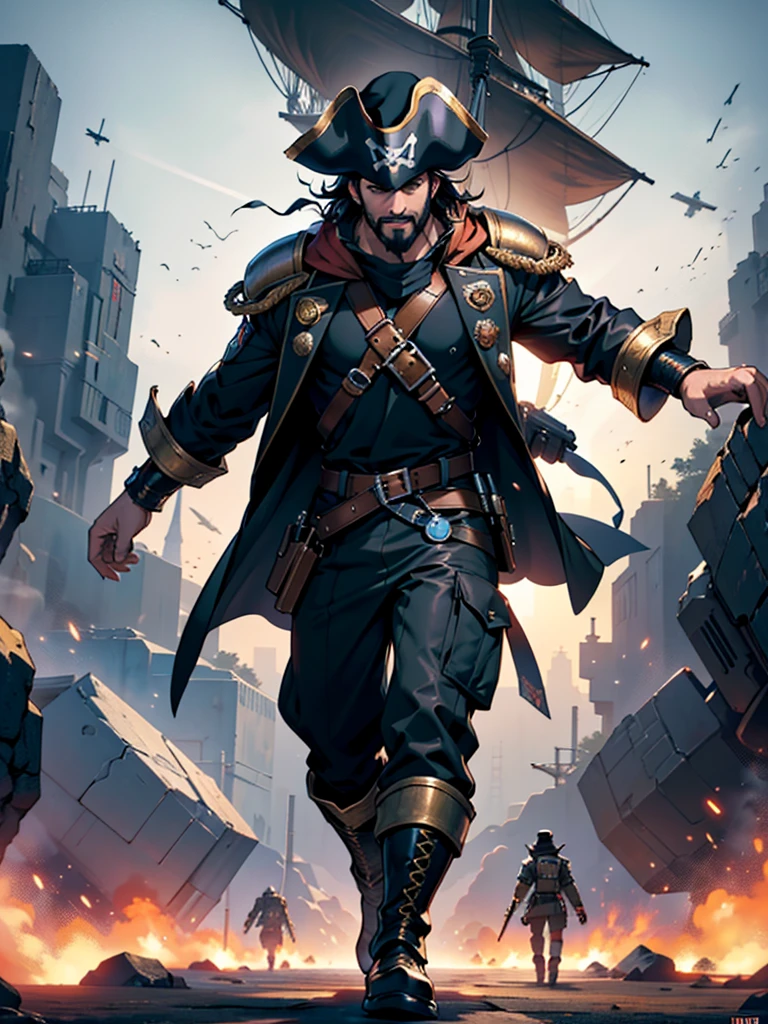 Space action movie poster. Best quality, masterpiece, a high resolution, One, One focus, 1 boy, mature man, black hair, Red eyes, (perfectly drawn face), facial hair, Smirks, (Long sleeves, Pirate Costume, pirate hat, Pirate boots), space background, standing on the wheelhouse of a space pirate ship, V-shaped eyebrows, Evil grin, Behind me, a space battle is taking place in the dark background., battleship explosions, Wearing the Desert Cloak, Wearing full heavy mecha armor, Fighting pose, War of alien civilizations, The smoke from the gun fills, Soldier in armor, full armor, Against the backdrop of a bright space battle and explosions of space battleships, almost perfect, Light red color, Scatters gold coins. In its purest form, intricate details, Post-production 8K, high resolution, super detail, trending on artstation, Sharp Focus, intricate details, Very detailed, dynamic movement, engineering ingenuity, hard breath, (oppressive attack)
