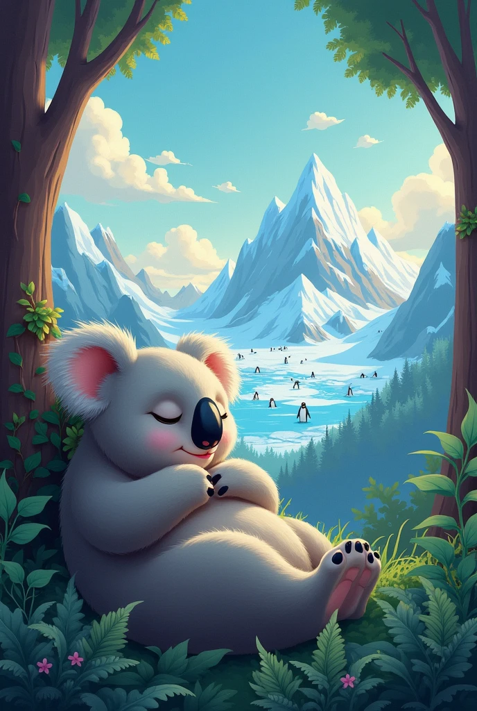 Koala sleeping while dreaming of Antarctica cartoon cute
