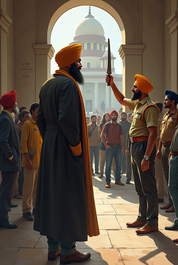 At the bustling entrance of a courthouse in Delhi, an Amritdhari Sikh advocate, wearing a traditional turban and formal legal attire, is confronted by a Delhi Police security guard. The guard, dressed in the distinct uniform of the Delhi Police, sternly insists that the advocate remove his kirpan. The Sikh advocate, standing tall and dignified, firmly holds his ground, his expression a mix of calm determination and quiet defiance. Around them, the courthouse entrance is busy with people entering, while some pause to observe the unfolding scene. The atmosphere is charged, reflecting the tension between religious observance and security enforcement