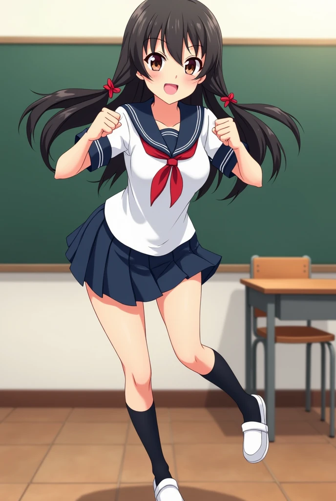 Anime Style, Angle from the front, Slightly from above, Medium Shot, One Girl, The girl is making a fist pump with both hands in front of her chest, Tuck your arms in,
The girl is leaning forward slightly.,
Smiling with a proud look,
The girl is wearing a white sailor suit with short sleeves and a navy collar, with a blue ribbon., Wearing a navy blue skirt, 
Wearing black high socks, Wearing white slippers,
The girl&#39;s hairstyle is a low twin tail with a red ribbon., It&#39;s very long and black, 
Not high pigtails, Not half-up,
Late teens, Small breasts, Has dark brown eyes,
classroom, indoor, School Chair, School desk, There is a blackboard,
Daytime, summer.