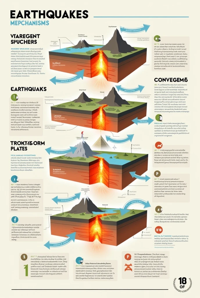 Generate me an image of the science of earthquakes showing how divergent, convergent and transform work for our inforgraphics