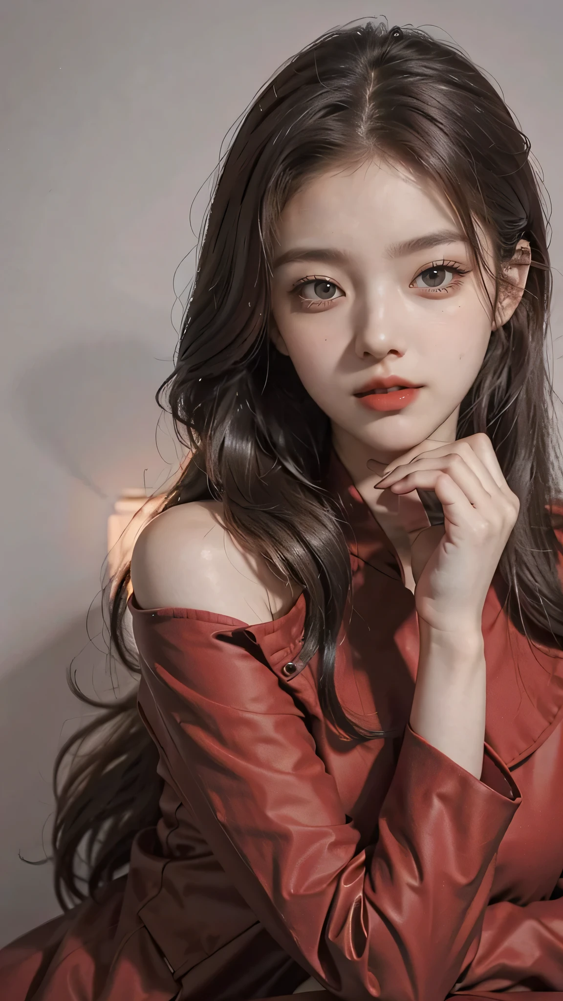 Girl wearing, luxury red coat, shoulder length hair, wavy hair, glowing skin, star in eye, red lips, grey  background, cute poses 