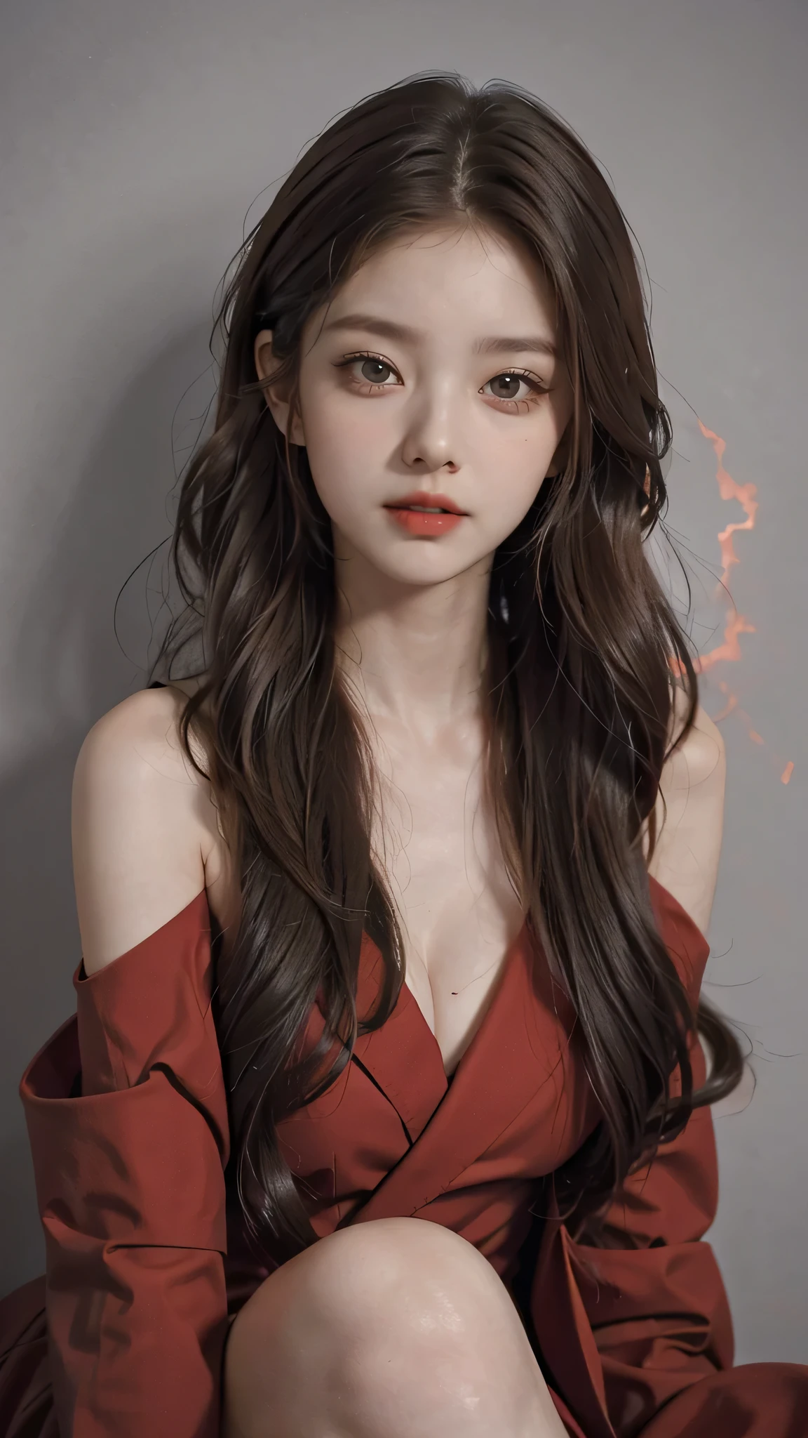 Girl wearing, luxury red coat, shoulder length hair, wavy hair, glowing skin, star in eye, red lips, grey background, cute poses